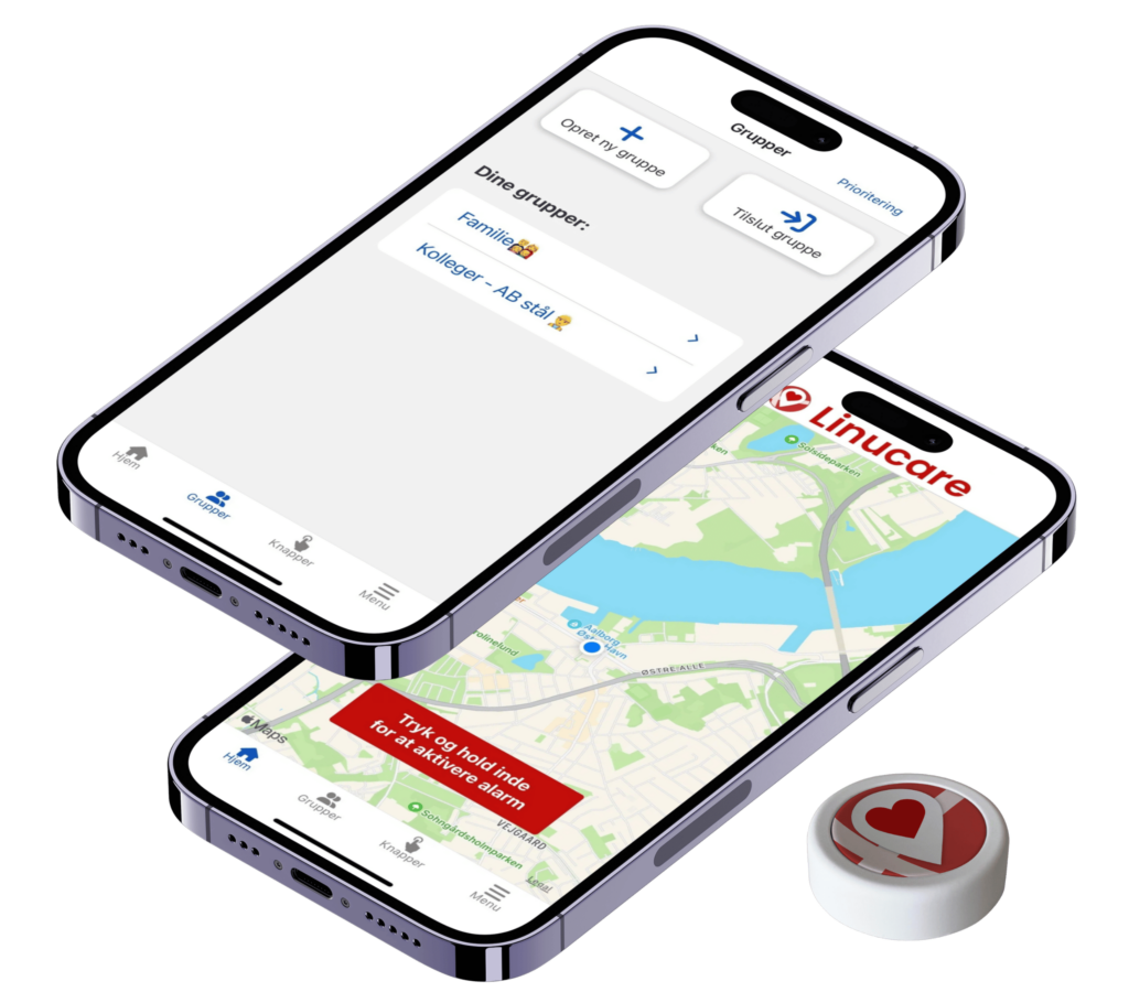 Linucare app skærmbillede på iPhone viser brugergrupper og kort med alarm aktivering